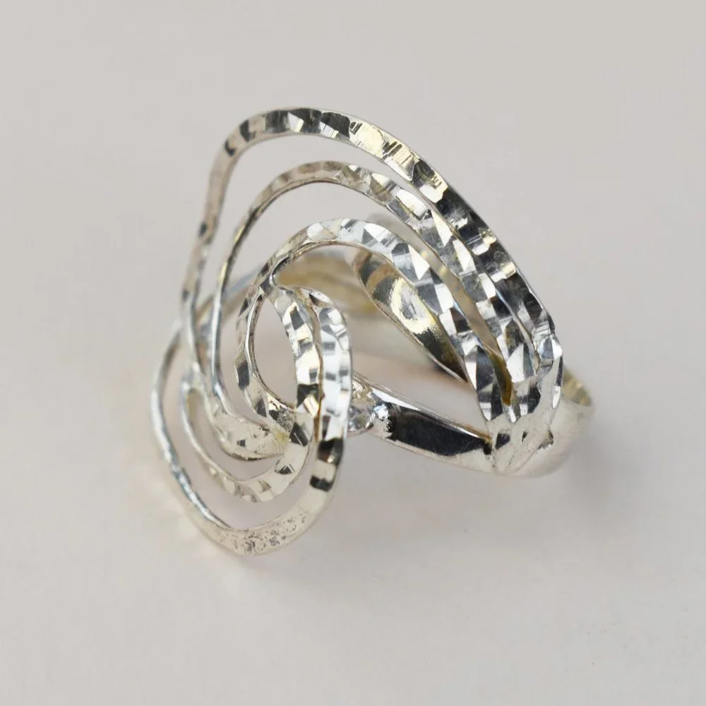 Bold extravagant silver ring for women, unusual large stoneless ring size 6 US